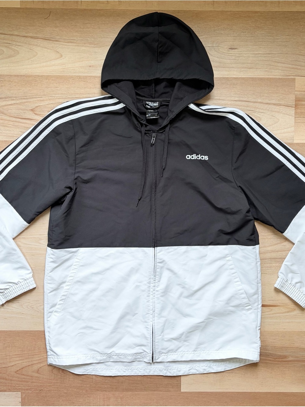 Adidas Men's Color Block Black & White Hooded Windbreaker Jacket